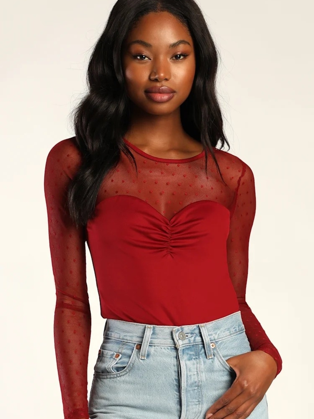 Lulus Always Enviable Wine Red Swiss Dot Mesh Long Sleeve Bodysuit Size Medium